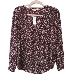 Loft Aubergine & Blue Ditsy Floral Long Sleeve with Ruffle Cuff, V-Neck Blouse S
